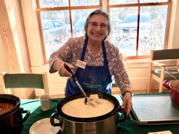 Some of Bruce Burnham’s coveted fish chowder being served up at St. Columba’s Episcopal Church on Jan. 18. SUZI THAYER/Boothbay Register