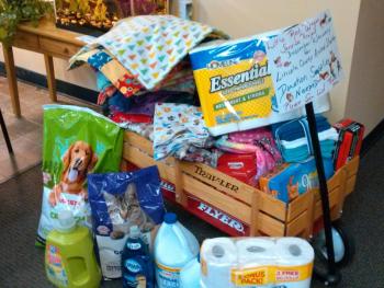 The Community Center’s “little red wagon” is loaded with donated items for the Lincoln County Animal Shelter. JANE CARPENTER/Boothbay Register
