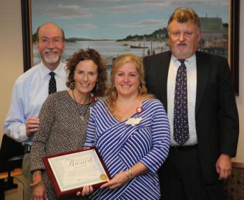 Pictured from left, LincolnHealth President and CEO Jim Donovan, Miles & St. Andrews Home Health & Hospice Executive Director Kathy Bean, RN, Clinical Software Support Assistant and John A. Bowers Innovation Award recipient Danielle Feltis, and LincolnHealth Board Chairman Bill Logan. Courtesy of LincolnHealth