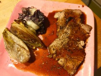 Roasted red currant jelly glazed pork loin with pan roasted radicchio and endive. SUZI THAYER/Boothbay Register