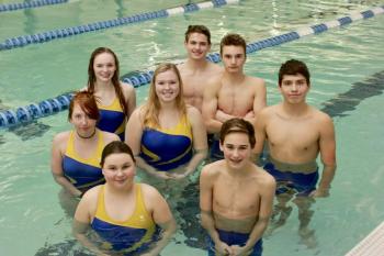 The BRHS swimmers who competed at the state meets. The girls, from front to back, are Maren Whitney, Ashley Ames, Emma Pearce and Evy Case. The boys from front to back are Jameson LaBrecque, Graham Harris, Rowan Kristin and Fox Elder. Courtesy of Earl Brewer