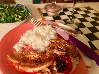 Ah-So roasted chicken with jasmine rice, an arugula salad and wine. SUZI THAYER/Boothbay Register
