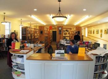 Linda Brewer, left, at Southport Memorial Library. Courtesy of Linda Brewer