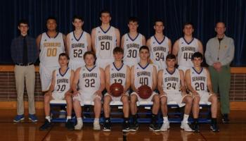 The 2017-2018 Boothbay Region High School boys varsity basketball team. Pictured from left are, front row: Sullivan Rice, Kaeden Davis, Kyle Ames, Elijah Gudroe, Steve Reny, Sam Burnham; back row: manager Max Hoecker, Jacob Wilson, Ben Pearce, Nick Simpson, Nicholas Morley, Hunter Crocker, Cameron Crocker and Coach I.J. Pinkham. Missing are assistant coaches Dennis Rice and Dan Hallinan and manager Tyler Field. Courtesy of BRHS