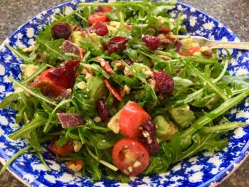 This arugula salad with grape tomatoes, avocado, pecans, blue cheese and dried sweetened cranberries is totally ridiculous. SUZI THAYER/Boothbay Register