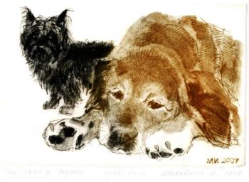 Irina Makoveena’s “Mochia and Tusik,” drypoint, 5” x 4” is included in the special show March 30 and 31 at Green Lion Gallery in Bath. Courtesy of the venue Irena Makoveeva