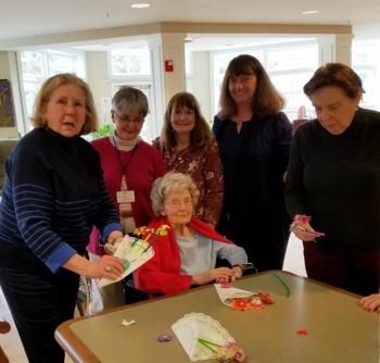 Garden Club members, from left, Nan Jackson, Jane Homer and Sandra Abernathy; Gregory Wing Activities Director, Jerie Phinney; BRGC member, Karen Gilbert and seated, resident Louise Greene. Courtesy of Kathleen Marty/BRGC