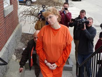 Sharon Carrillo walks into Waldo County Superior Court April 2. (photo Erica Thoms)