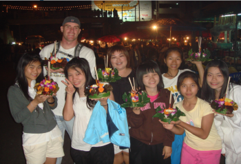 Micah Pexa with some of the Friends of Thai Daughters’ family in Chiang Rai, Thailand in 2009 when he volunteered for the organization. In this photo, they are celebrating the Thai holiday Loy Krathong. Boothbay area residents may recognize some of the “daughters” in the photo from their visits over the years. Courtesy of Friends of Thai Daughters