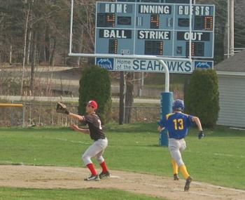 Will LaBrecque legs out a grounder. ART MAYERS/Boothbay Register