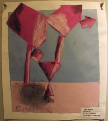 2D 3D drawing, cut paper and charcoal. Ella Watts. Grade 3. Southport Central School