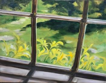 The beauty of the outdoors beckons in this inside looking out painting by Sharon Ryan. Courtesy of BRAF Sharon Ryan