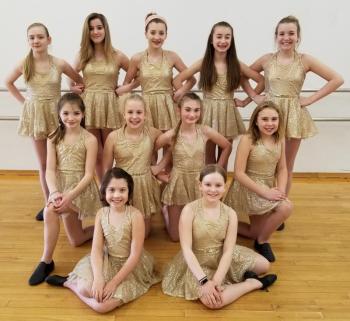 The Intermediate Jazz class, one of the several groups performing May 11 and 12, will be dancing to “Fire & Gold." Pictured from left are, back row: Madeline Orchard, Ava Schlosser, Falyn Harriman, Hannah Roberts, Katy Nein; middle row: Veda Harriman, Lily Nein, Laura Chapman, Magen Burge; front: Sarah Harris, Abigal Orchard. Courtesy of Melissa Nein