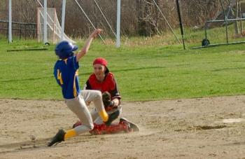 Jameson LaBrecque slides into home. ART MAYERS/Boothbay Register