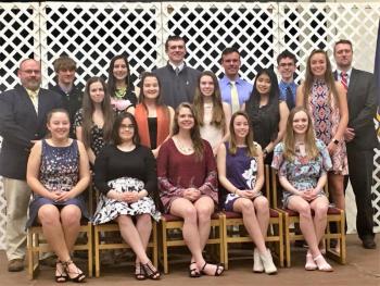 Boothbay Region High School’s 2018 Honors students and administrators at the Mountain Valley Conference Scholars Banquet on May 3. Pictured from left are, front row: Summer Chamberlin, Isabelle Curtis, JoAnna Shaw, Annie Bryer, Evy Case; middle row: Assistant Principal Allan Crocker, Kylie Michael, Lilliian Sherburne, Madeleine McLellan, Lovely Uberita, Sydney Meader; back row: Kyle Ames, Page Brown, Nicholas Simpson, Connor Demmons, Max Hoecker and Principal Dan Welch. Courtesy of Maria Hoecker