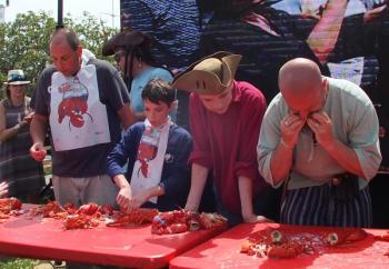 One, two, three .. GO! And they did! The 56th Windjammer Days Festival’s annual lobster-eating contest was crackin’ good fun! LISA KRISTOFF/Boothbay Register