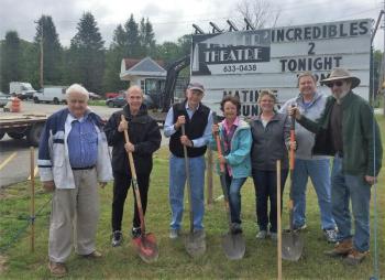On site and ready to break new ground from left are Harbor Theater board members Tom Tavenner, Tom Patrick, Bob Devine and Robin Jordan, theater employee Lisa Perry, contractor Mike Tomko, and theater manager Jason Sheckley. LISA KRISTOFF/Boothbay Register