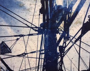“On the Water,” by Chris Beneman is a solar plate etching on nautical chart … at Green Lion Gallery in Bath through mid-August. Courtesy of David Morgan Chris Beneman