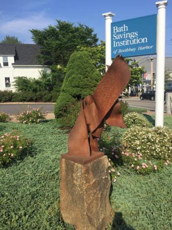 “Vilolent Surrender," metal and granite, Jay “J-Bone” Sawyer at Bath Savings. Jay “J Bone” Sawyer