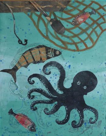Susan Amons’ "Octopus & Net #1”, monoprint with pastel is on display at The Green Lion Gallery, Bath, through mid-August. Courtesy of David Morgan Susan Amons