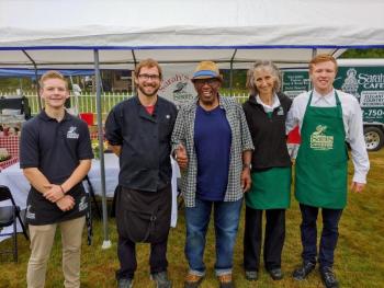 NBC's Al Roker gives a thumbs up with the Sarah's Cafe crew who served the “Today” show on its Midcoast visit. From left are Hunter Farrell, Matthew Norris, Roker, Susan Robson and Sarah Heald’s nephew Harry Heald, who Norris said is a Georgetown lobsterman. Courtesy of Matthew Norris