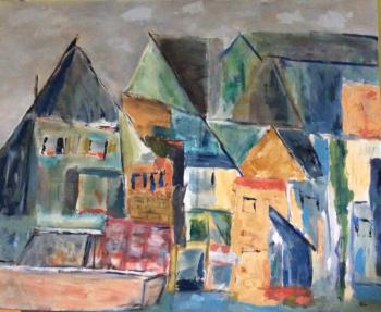 Fishing Village Blue is a recent abstract painting by Wiscasset artist Donna Barnako in which she combines acrylic paints with collage to give her work depth and texture. Courtesy photo