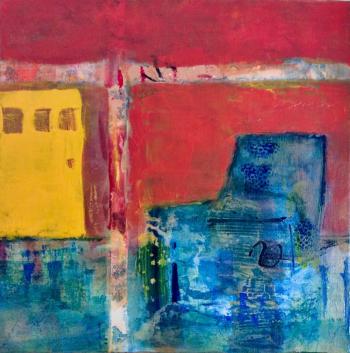 Chair with Door, acrylic and collage, by Wiscasset artist Donna Barnako is one of her collection of recent abstract paintings on exhibit during the Wiscasset Art Walk on Thursday, Aug. 30, 5 to 8 p.m. Talk with the artist at the Pop-Up Gallery, 64 Main St. Courtesy photo