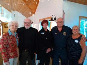 From left, Gloria Walters, Bob Walters, Alice Mutch, Daren Graves and Debbie Graves welcome hometown heroes at the Boothbay Harbor Rotary Club’s dinner Sept. 13. JANE CARPENTER/Boothbay Register