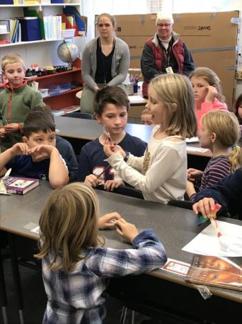 From left are, front, Jessie Ullo; second row, Ford Harris, Trey Tibbetts, Mabel Kaler and Georgia Griffith; third row, Grady Gamage, Madisyn Blackman; fourth row, teacher Nikki Tibbetts and educational technician Jane Williams. KELLIE BIGOS/Boothbay Register