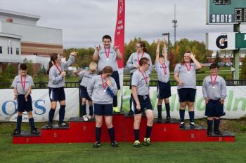 The silver medal-winning student soccer team from Boothbay. Pictured from left are, back row: Zander Blake, Grace Giles, Lucian Stoddard, Vincent Giles, Valerie Giles, Anthony Angelico, Amber Hyson, John “Piper” Rankin; front row: Kelsey Hoyle and Isaac Pray. Earl Brewer photo