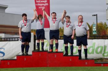 The silver medal-winning adult soccer team from Boothbay. Pictured from left are Joey Ranco, Ronda LeConte, Danny Miller, Matt Farnham and Donny Dunning. Earl Brewer photo