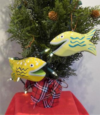 Jeff Barrett’s “Happy Fish,” oil painted wood, 4” long fish ornaments included in the Art for the Holidays show at Gleason Fine Art. Courtesy of the gallery