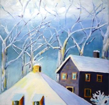 “Over the Rooftops” by Brooke Pacy was but one of the 12” X 12” works in the 2017 Art in the Square show. Courtesy of June Campbell Rose Brooke Pacy