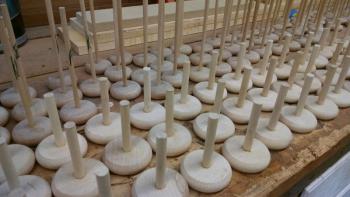 Wheel assemblies ready for paint and shellac. MARGARET HOFFMAN/Boothbay Register