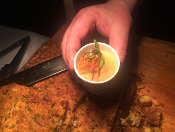 Chef Stephen Richards’ oak smoked Maine lobster charred corn chowder with Aroostook County potatoes, back strap bacon, chervil and lobster shell cream, warm strata crouton and tamale butter! LISA KRISTOFF/Boothbay Register