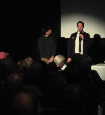 Director Ryan Leighton, right, and cinematographer Cody Mitchell, share the creative process in making the first episode of “Mumbai to Maine” to the packed house Dec. 11. LISA KRISTOFF/Boothbay Register