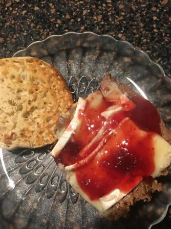 My meatloaf sandwich: English muffin with baked brie and homemade strawberry- rhubarb jam. LISA ORNE HALLINAN/Boothbay Register