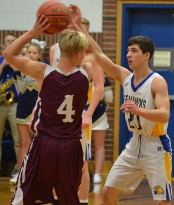 Boothbay junior Michael Hollowell defends against a Monmouth ballhandler in the Seahawks' win over Monmouth. BILL PEARSON/Boothbay Register