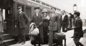 A rare photo of passengers boarding the Rangeley, probably around 1916. The women are Carrie Ellis, Betsy Tibets and Nora Pilsbury. From the Collection of the Maine Narrow Gauge Railroad Co. & Museum