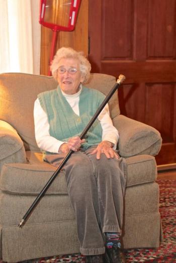 Jean Thompson holds the Boston Post Cane. Robert Mitchell photo