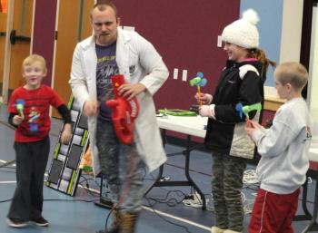 “Catalyst Corey” demonstrates various types of energy Jan. 15 at joint school assembly of Edgecomb and Southport elementary school students at the Eddy School. BILL PEARSON/Boothbay Register