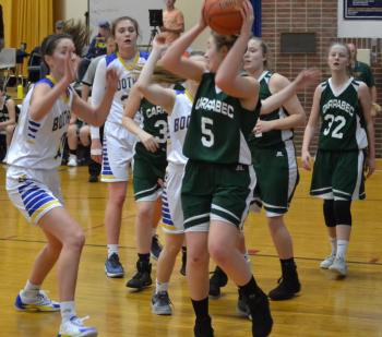 Boothbay displays a full court pressure after a Carrabec opponent secures a rebound Jan. 4 in Boothbay Harbor. BILL PEARSON/Boothbay Register