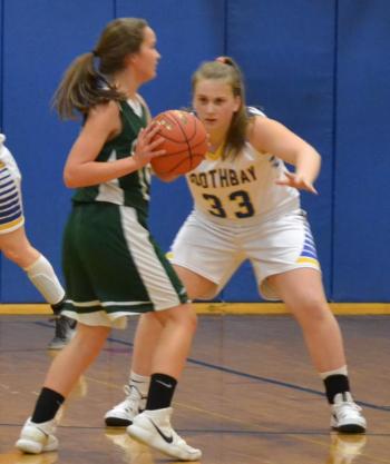 Boothbay sophomore Kylie Brown defends a Carrabec ballhander in the Seahawks' eighth straight victory, Jan. 4 at Porter Memorial Gymnasium. BILL PEARSON/Boothbay Register