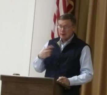 Boothbay Harbor attorney Carl “Chip” Griffin conducts a special town meeting Jan. 14 to vote on the second amendment to the town’s TIF agreement. JANE CARPENTER/Boothbay Register