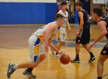 Boothbay forward Hunter Crocker scored 19 points in the Seahawks’ 88-73 loss to Mountain Valley Conference rival Hall-Dale Jan. 21 at Porter Gymnasium. BILL PEARSON/Boothbay Register