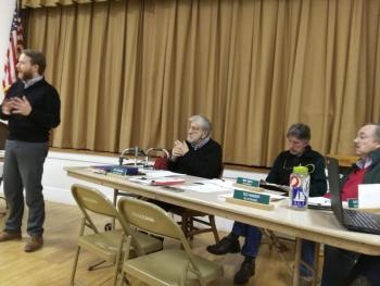 With Edgecomb selectmen presiding, attorney Jonathan Pottle answers residents‘ questions about a proposed TIF amendment at the public hearing Jan. 14. JANE CARPENTER/Boothbay Register