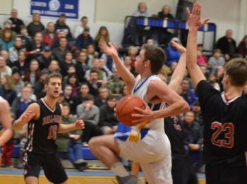 Boothbay guard Steve Reny was the team’s leading scorer with 21 points in the Seahawks’ loss to Hall-Dale on Jan. 21 in Boothbay Harbor. BILL PEARSON/Boothbay Register