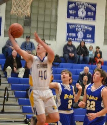 Boothbay’s Hunter Crocker goes up for two of his 18 points Jan. 31 against Mount Abram. BILL PEARSON/Boothbay Register