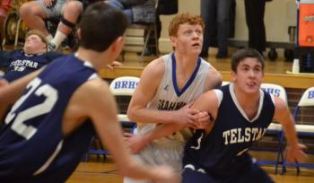Boothbay sophomore Kaleb Ames seeks a rebound Feb. 6 in the Seahawks’ 101-36 win over Telstar in the regular season finale. BILL PEARSON/Boothbay Register