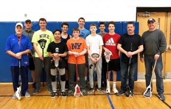 Attending the first-ever BRHS boys lacrosse practice are, from left, Assistant Coach Dave Hague, Assistant Coach Adam Smart, Nick Morley, Mark Bayaca, Nase Lawless, Sam Page, Hunter Crocker, Quincy Coombs, Ashton McLellan, Lucas Hardwick, Coach Scott Hardwick and Assistant Coach Paul Roberts. Michelle Amero photo